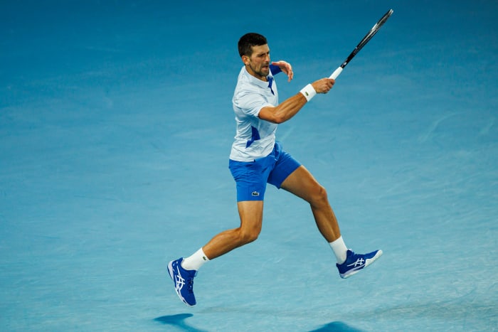 Novak Djokovic hits a shot at the 2024 Australian Open.